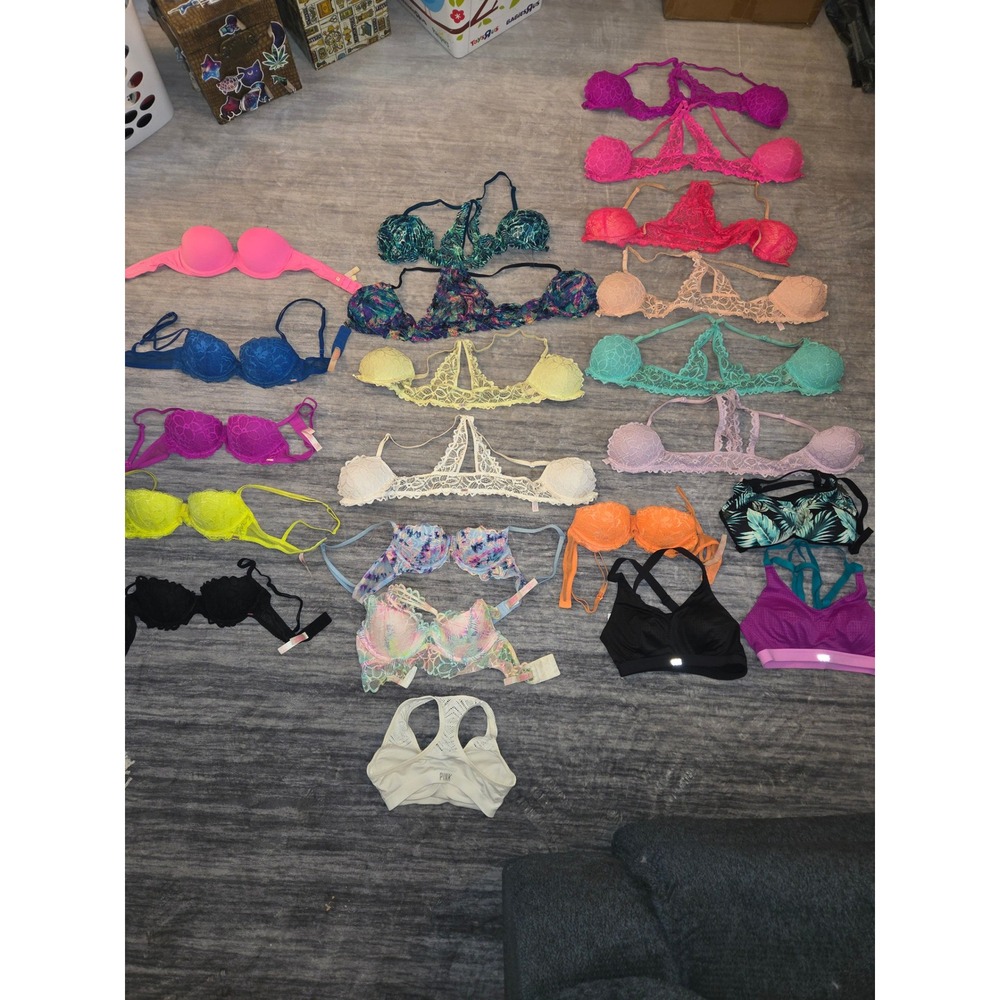 Victoria Secret PINK Bra Lot 22pc Bundle 32A Lace Push Up Bralette Sports Bras